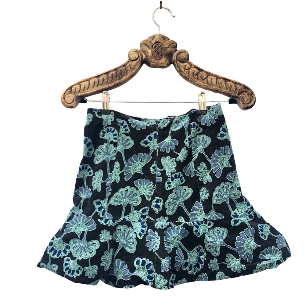 Free People Skirt Corduroy Floral Trumpet Flare High Waist Mini Black Green 4